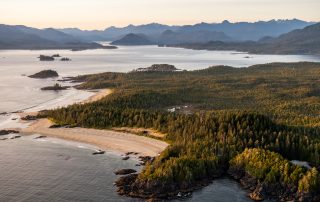 Views over Tofino including beaches, forests, oceans and mountains